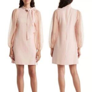 VINCE CAMUTO Mesh Dot Sleeve Knee Length Shift Dress Bow Neck Blush Pink Party